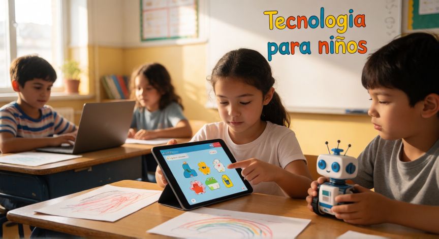que es tecnologia para niños, Niños en un aula utilizando tecnología educativa con tablet, robot y laptop