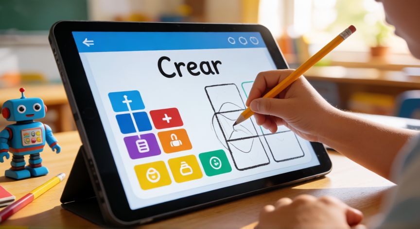 que es tecnologia para niños, Manos de un niño programando con bloques de colores en una tableta