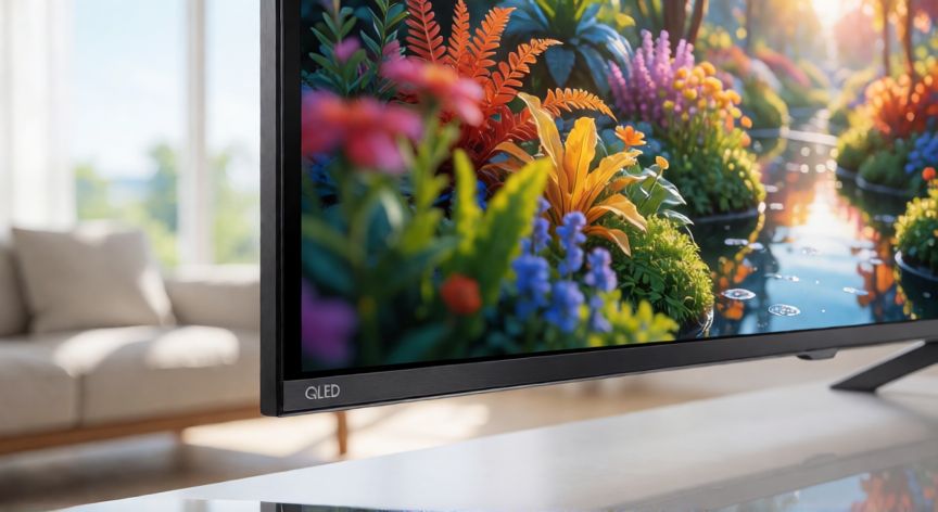 que es tecnología qled, Televisión moderna con tecnología QLED mostrando colores vivos en una sala de estar
