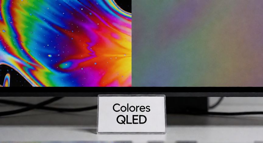 que es tecnología qled, Comparación visual de una pantalla QLED frente a una pantalla estándar con colores menos saturados