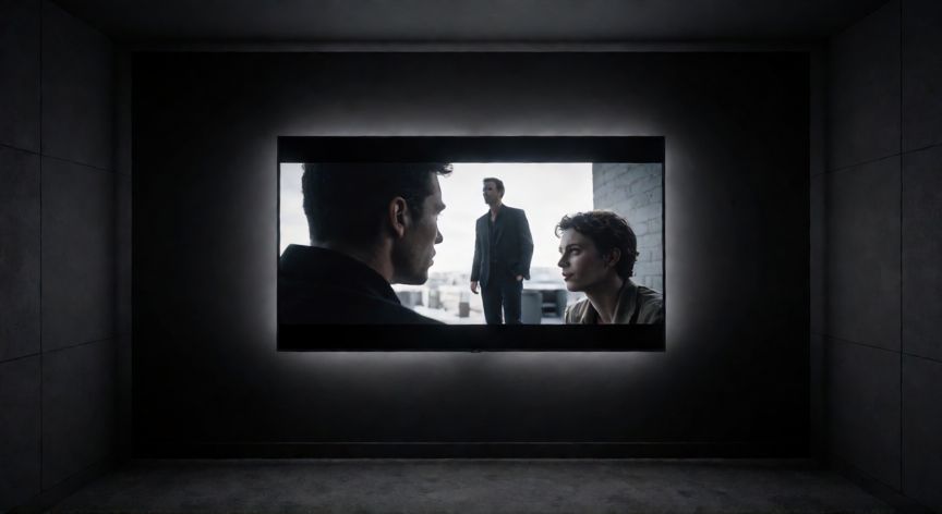 que es tecnología qled en tv, Sala de estar con televisor en modo oscuro mostrando buena profundidad de imagen