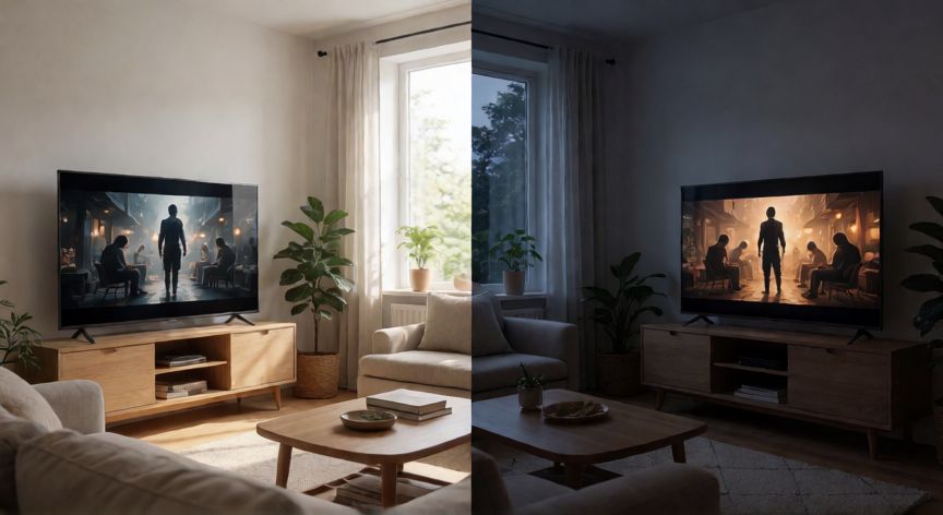 que es tecnología qned, Comparación de televisiones con tecnología QnED en habitaciones luminosas y oscuras