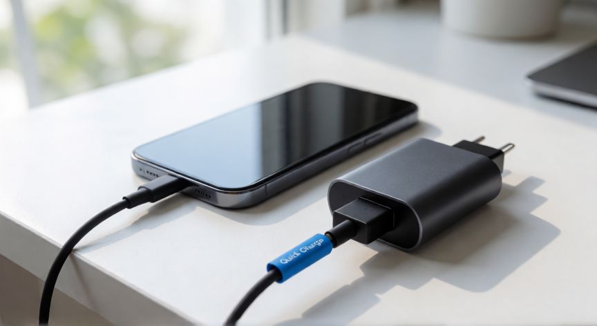 que es tecnología quick charge, Smartphone conectando con tecnología Quick Charge para carga rápida