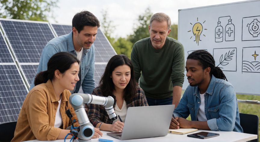 que es tecnología resumen, Equipo de personas trabajando con tecnología aplicada a energía, salud y agricultura