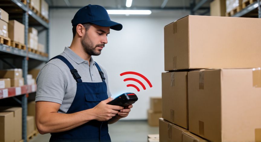 que es tecnología rfid, Tecnología RFID escaneando cajas en un almacén logístico