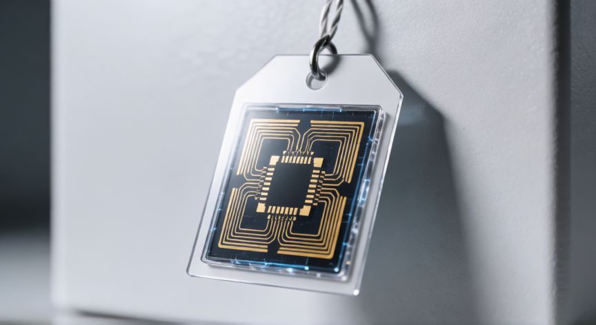 que es tecnología rfid, Etiqueta RFID con chip integrado en un producto