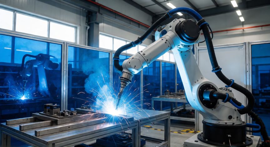 qué es tecnología robótica, Brazo robótico industrial soldando piezas metálicas en una fábrica moderna