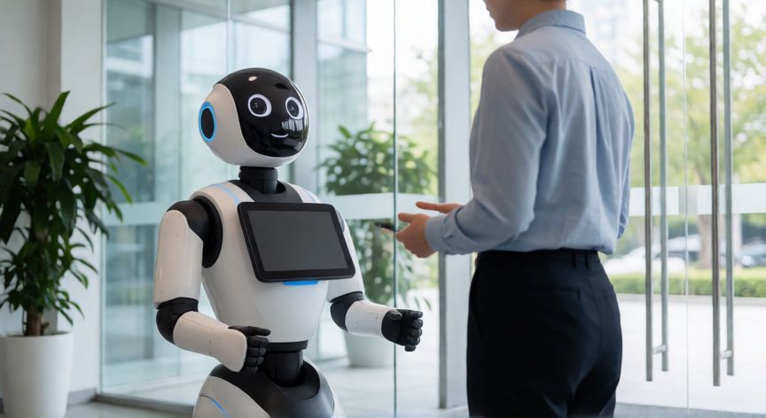 qué es tecnología robótica, Robot de servicio asistiendo a una persona en una oficina moderna