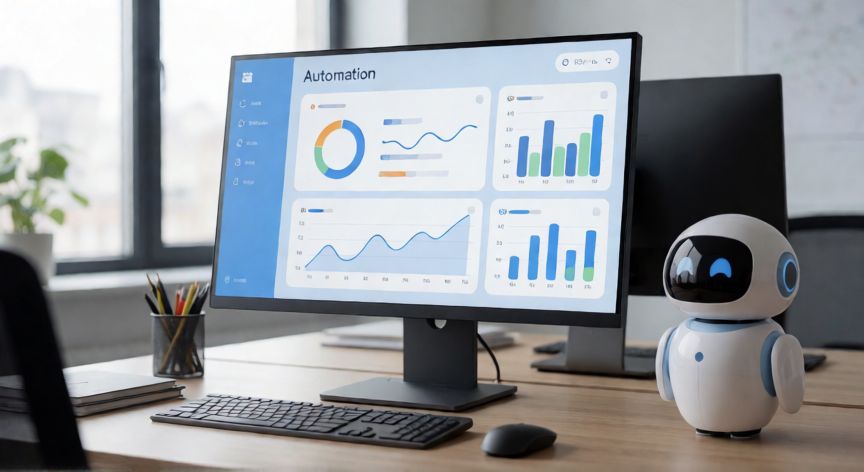 que es tecnologia rpa, pantalla de software RPA en una oficina moderna con dashboard de automatización