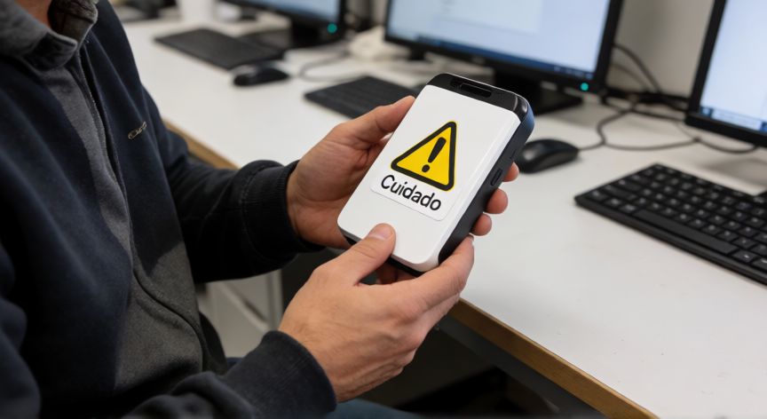 qué es tecnología ultra falsa, Persona revisando un aparato tecnológico sospechoso con advertencia