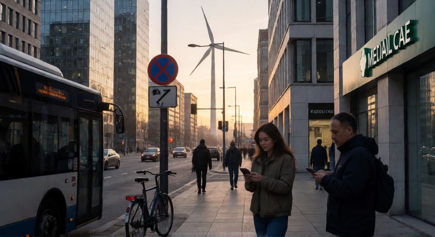 que es tecnología ventajas y desventajas, Ciudad moderna con personas, transporte, clínicas y energía renovable que representan el papel de la tecnología en la vida diaria