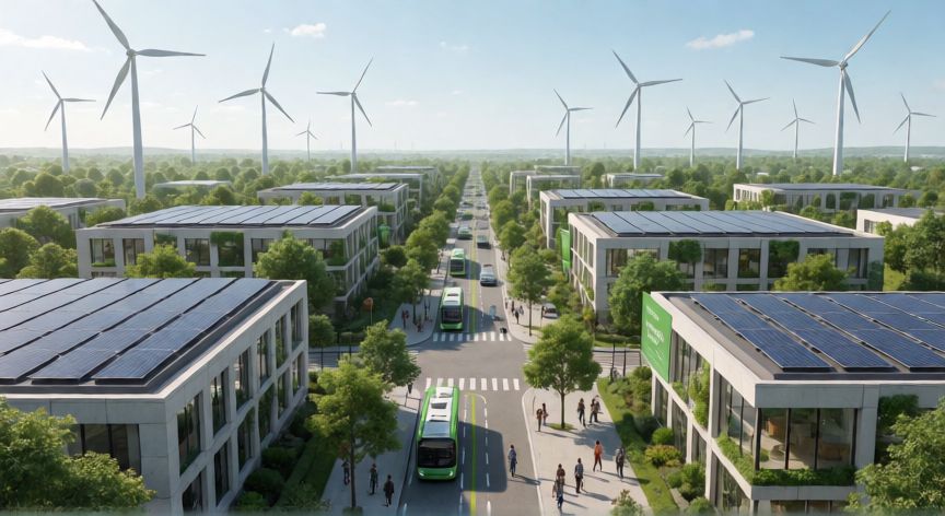que es tecnología verde, ciudad sostenible con paneles solares, aerogeneradores y transporte eléctrico