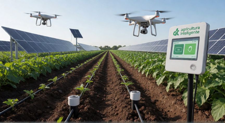 que es tecnología verde, agricultura inteligente con riego por goteo, sensores y paneles solares