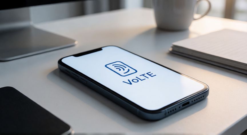 que es tecnología volte, Teléfono móvil mostrando la tecnología VoLTE en la pantalla con icono de red móvil