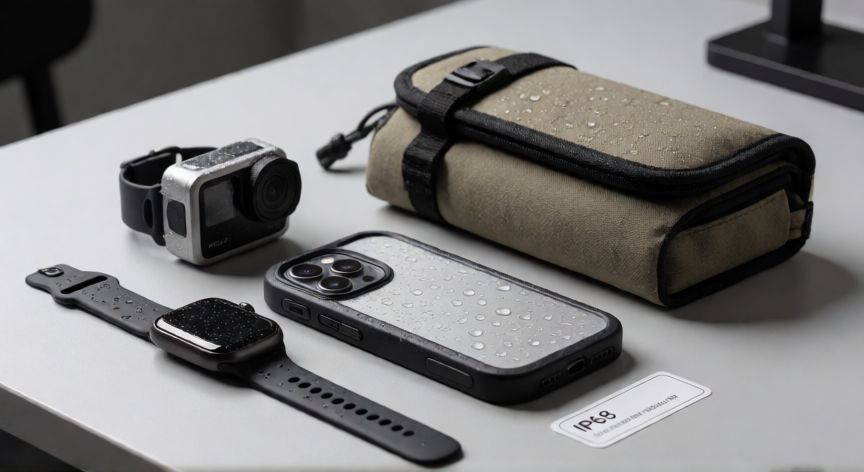 que es tecnologia waterproof, Dispositivos electrónicos waterproof con grado IP68 sobre una mesa con gotas de agua