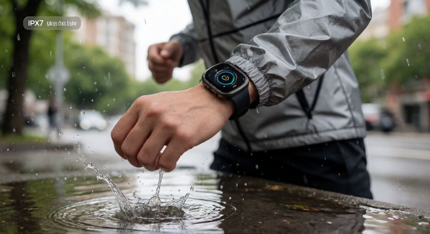 que es tecnologia waterproof, Smartwatch deportivo resistente al agua durante una carrera con lluvia ligera