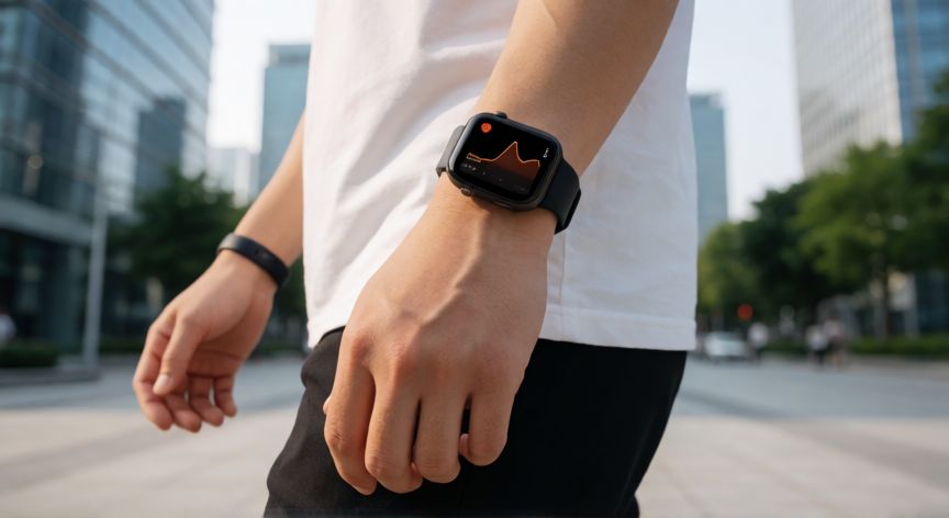 que es tecnología wearable, Persona usando reloj inteligente y pulsera de actividad en una ciudad moderna