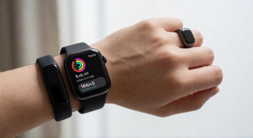 que es tecnología wearable, Primer plano de muñeca con reloj inteligente, anillo inteligente y pulsera de actividad