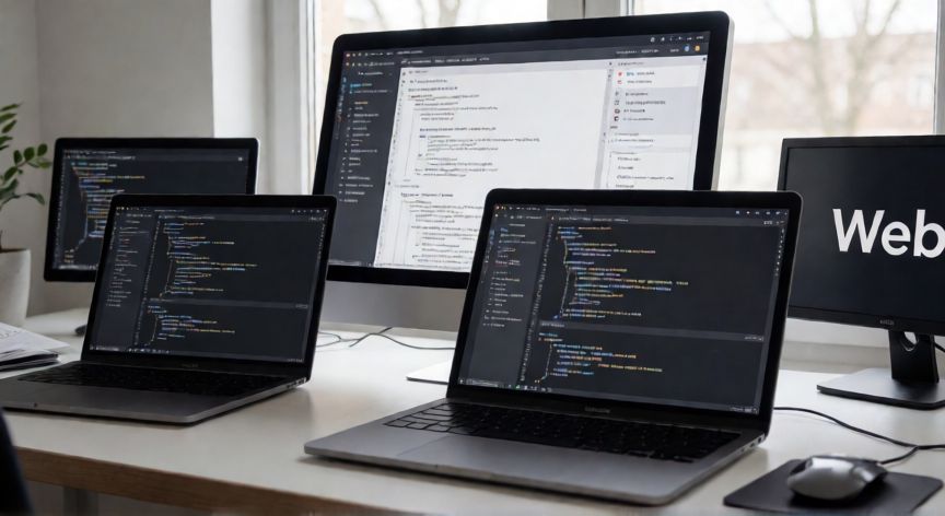 que es tecnologia web, Espacio de trabajo de desarrollo web con ordenadores mostrando código de HTML, CSS y JavaScript