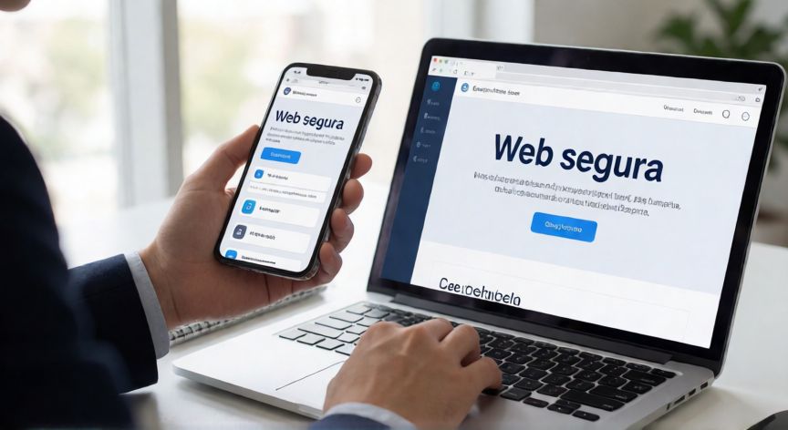 que es tecnologia web, Persona usando un sitio web responsive en móvil y portátil en una oficina moderna
