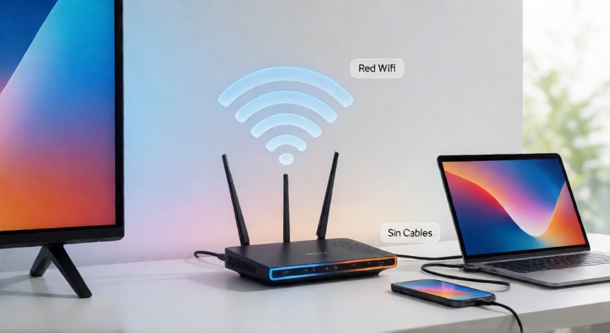 que es tecnologia wifi, router moderno con senal wifi conectando dispositivos en una casa