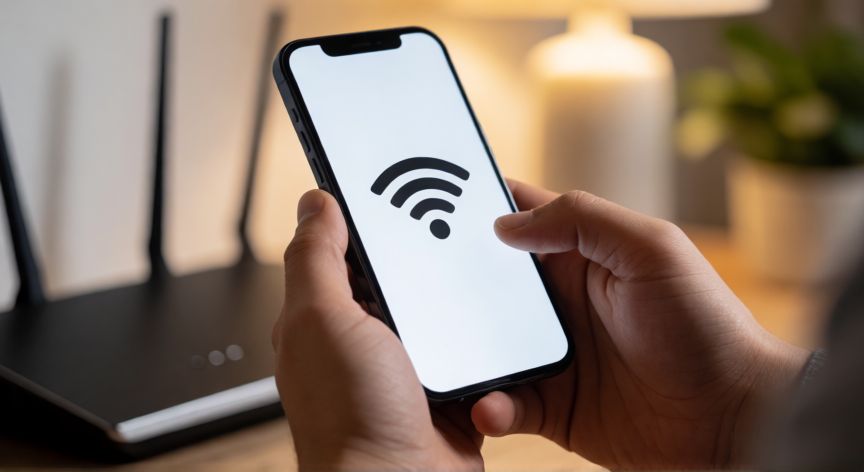 que es tecnología wifi 6, Smartphone conectado a una red WiFi 6 doméstica