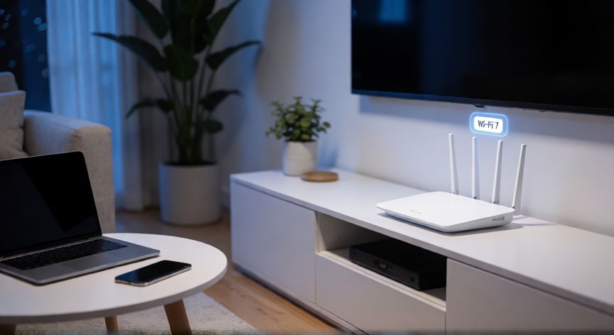 que es tecnologia wifi 7, Router moderno en una sala de estar conectando varios dispositivos con Wi-Fi 7