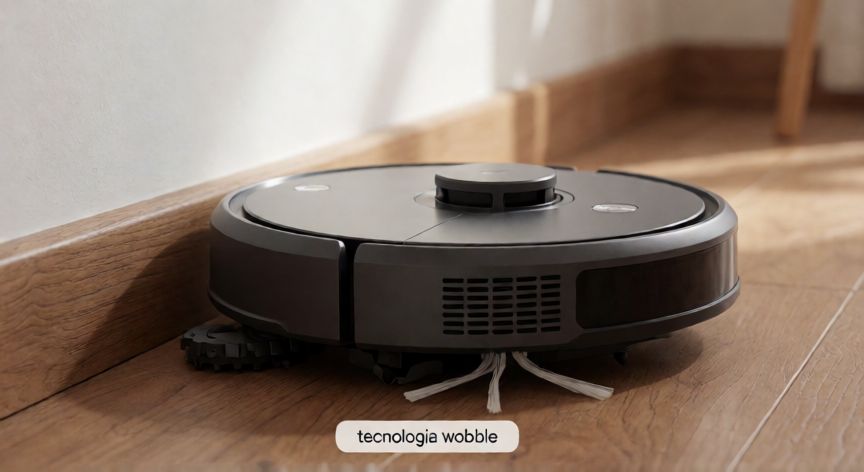 que es tecnologia wobble, robot aspiradora con tecnología wobble limpiando una alfombra y un suelo de madera