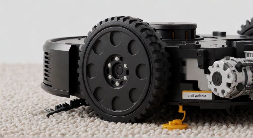 que es tecnologia wobble, detalle del sistema de ruedas y motor de un robot aspiradora con tecnología anti wobble