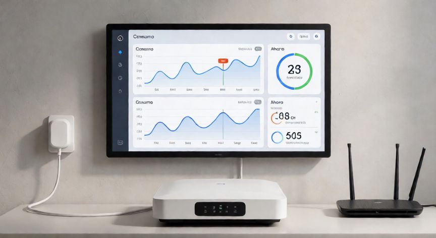 que es tecnología xpert energy saver, Panel inteligente de consumo energético en el hogar con gráficos y dispositivos de gestión de energía