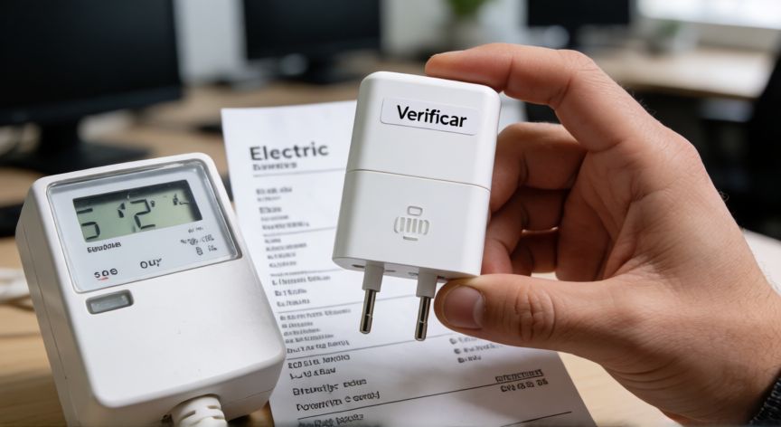 que es tecnología xpert energy saver, Adaptador de ahorro de energía junto a un medidor y una factura eléctrica para verificar su funcionamiento