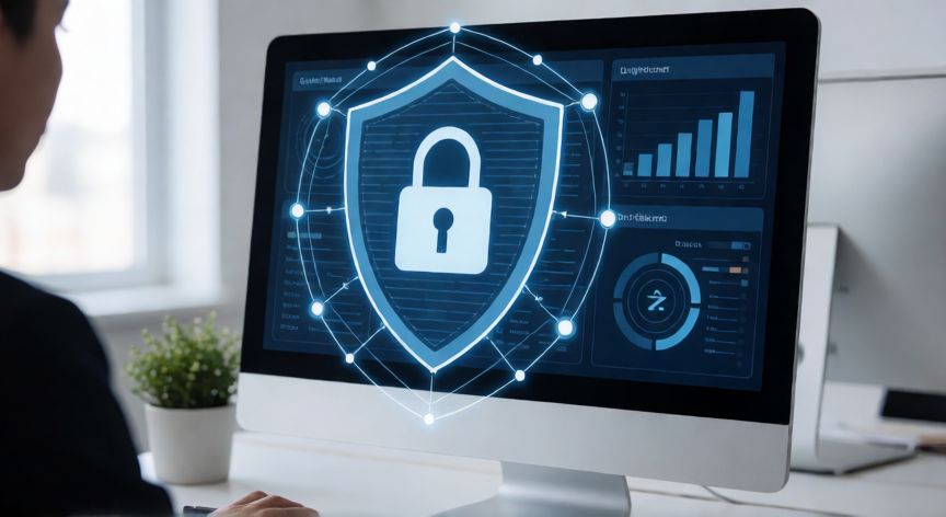 qué es tecnología y ciberseguridad, Representación visual de ciberseguridad protegiendo un ordenador y la red