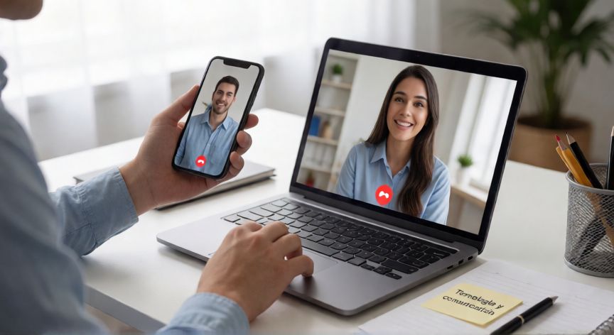 que es tecnología y comunicación, Persona usando laptop y teléfono en una videollamada, representando tecnología y comunicación