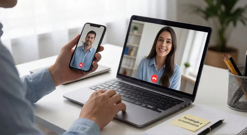 Personas de distintas generaciones usando dispositivos digitales en un espacio de trabajo colaborativo.