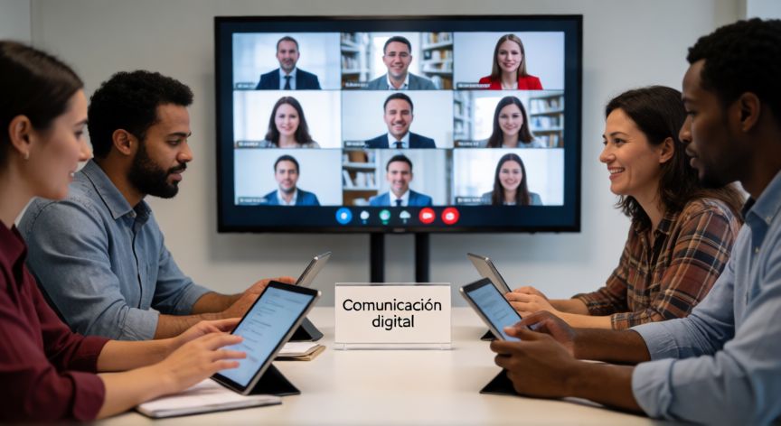 que es tecnología y comunicación, Equipo colaborando en una reunión digital con tablets y pantalla de videoconferencia