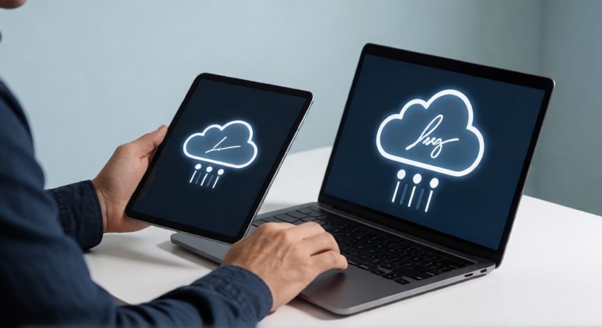 que es tecnología y digitalización, Persona usando dispositivos digitales para firmar y gestionar documentos en la nube