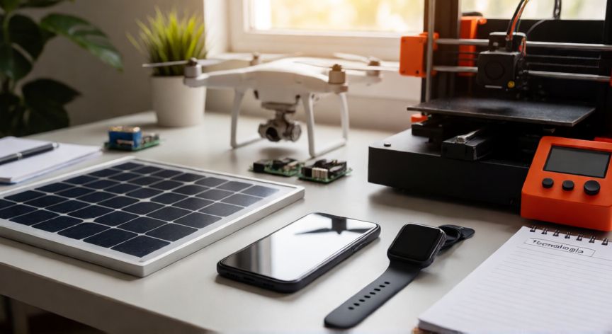 que es tecnología y ejemplos, Mesa de trabajo con smartphone, dron, panel solar e impresora 3D que ilustran ejemplos de tecnología
