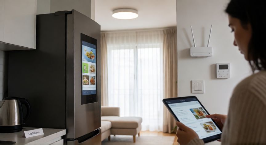 que es tecnología y ejemplos, Hogar moderno con tecnología cotidiana como luz inteligente, router, termostato y electrodomésticos