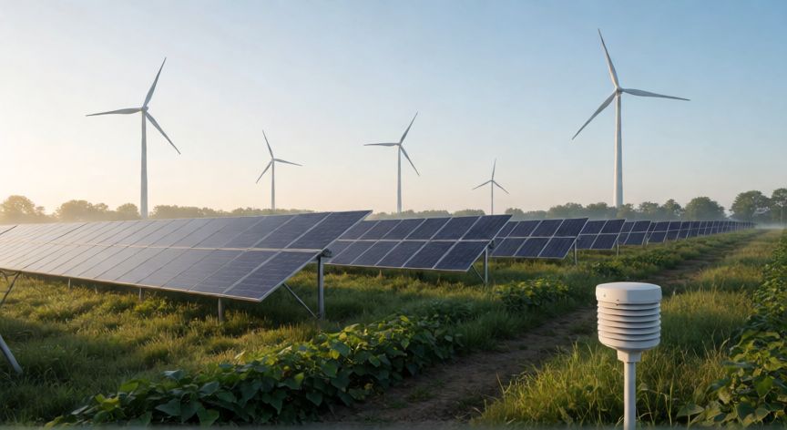 que es tecnologia y medio ambiente, Paisaje sostenible con paneles solares, aerogeneradores y sensor ambiental al amanecer
