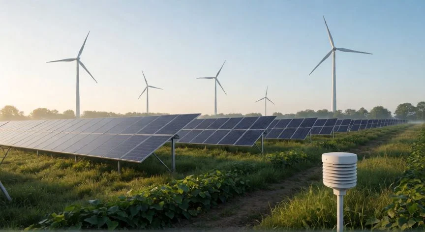 Paneles solares y turbinas eólicas conviviendo con un valle verde y un río limpio bajo luz dorada