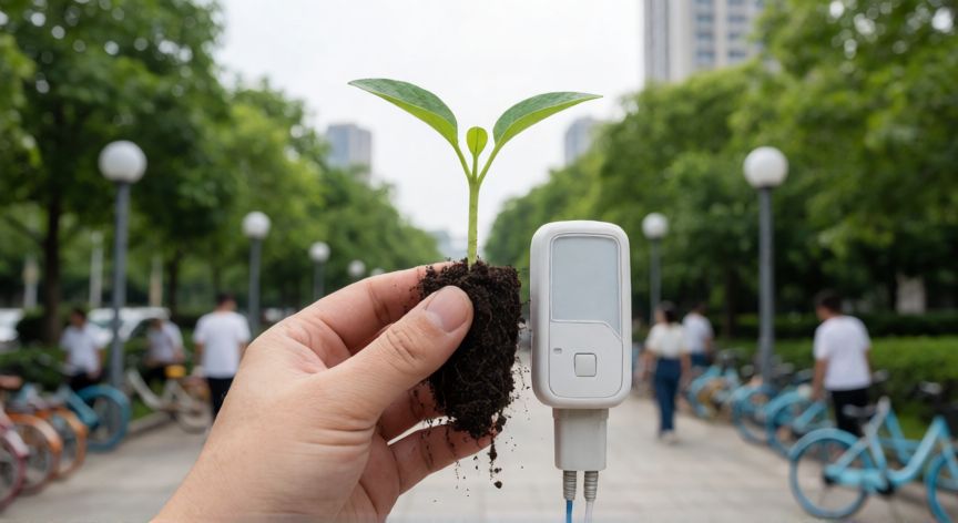 que es tecnologia y medio ambiente, Manos sosteniendo una planta junto a un sensor ambiental en un parque urbano