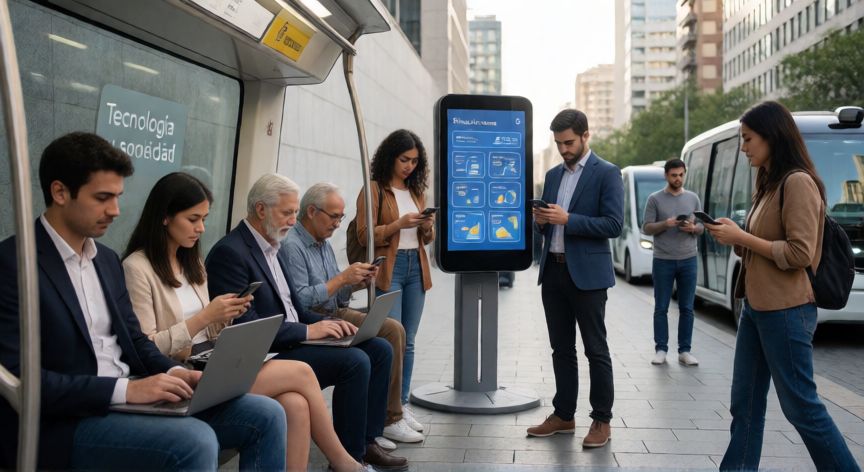 que es tecnología y sociedad, Personas en una ciudad conectada que usan tecnología en la vida diaria