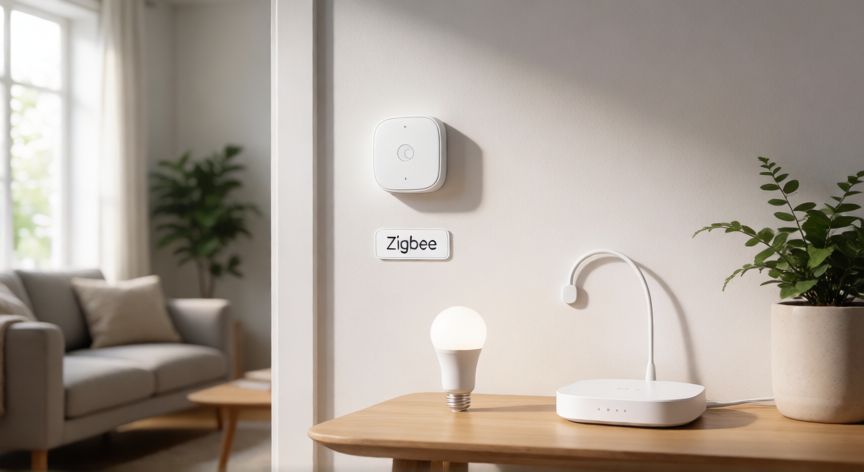 que es tecnologia zigbee, Dispositivos Zigbee en un hogar inteligente con sensores y hub conectado