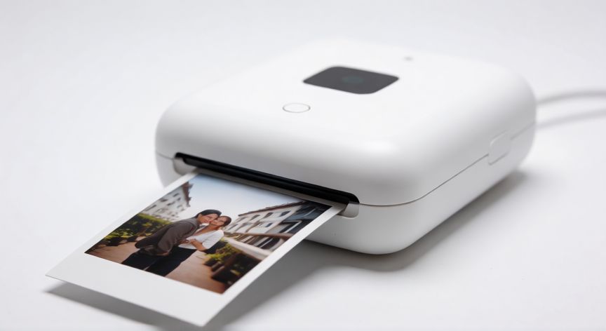 que es tecnologia zink, Impresora instantánea compacta con una fotografía impresa al lado