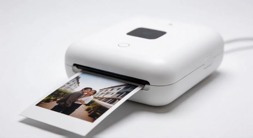 Impresora instantánea compacta con una fotografía impresa al lado