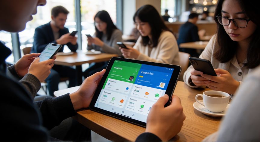 que es un android, Persona usando una tableta con sistema Android en una cafeteria