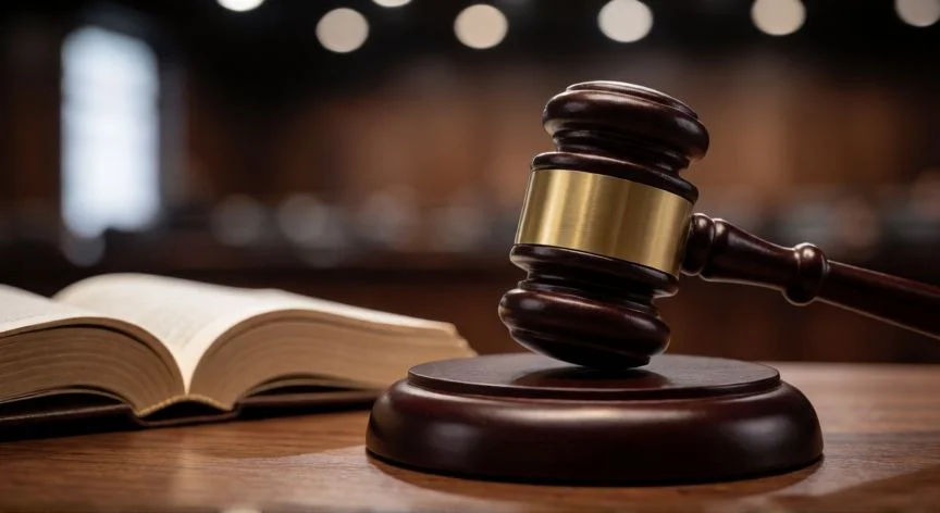 Maza de juez y libro de leyes sobre escritorio en sala judicial