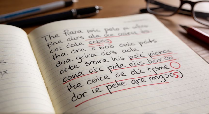Cuaderno con correcciones gramaticales en rojo