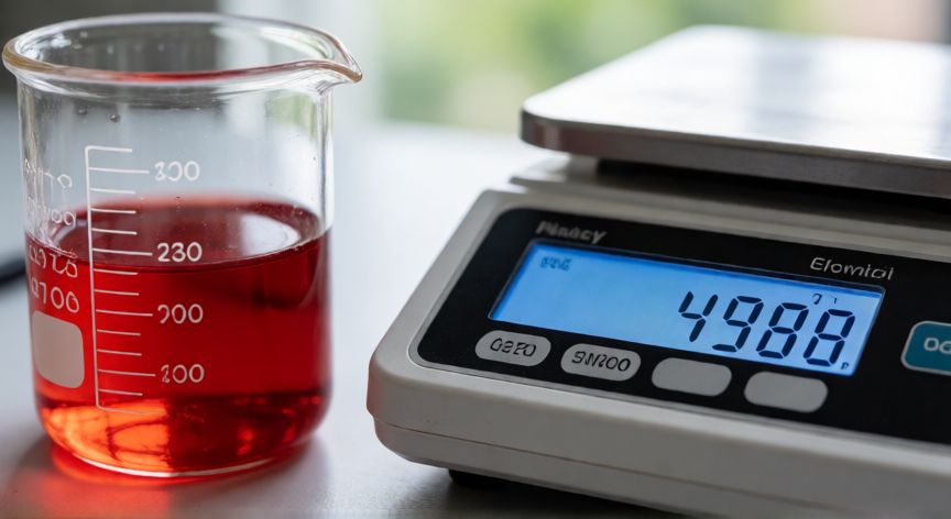 Imagen de un matraz de laboratorio junto a una balanza digital mostrando una medición con posible error sistemático