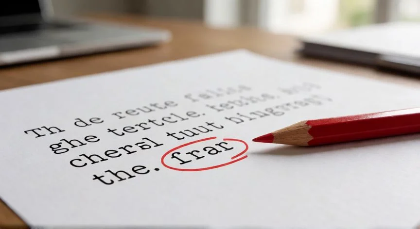 Máquina de escribir con el error tipográfico 'teh' visible en el papel